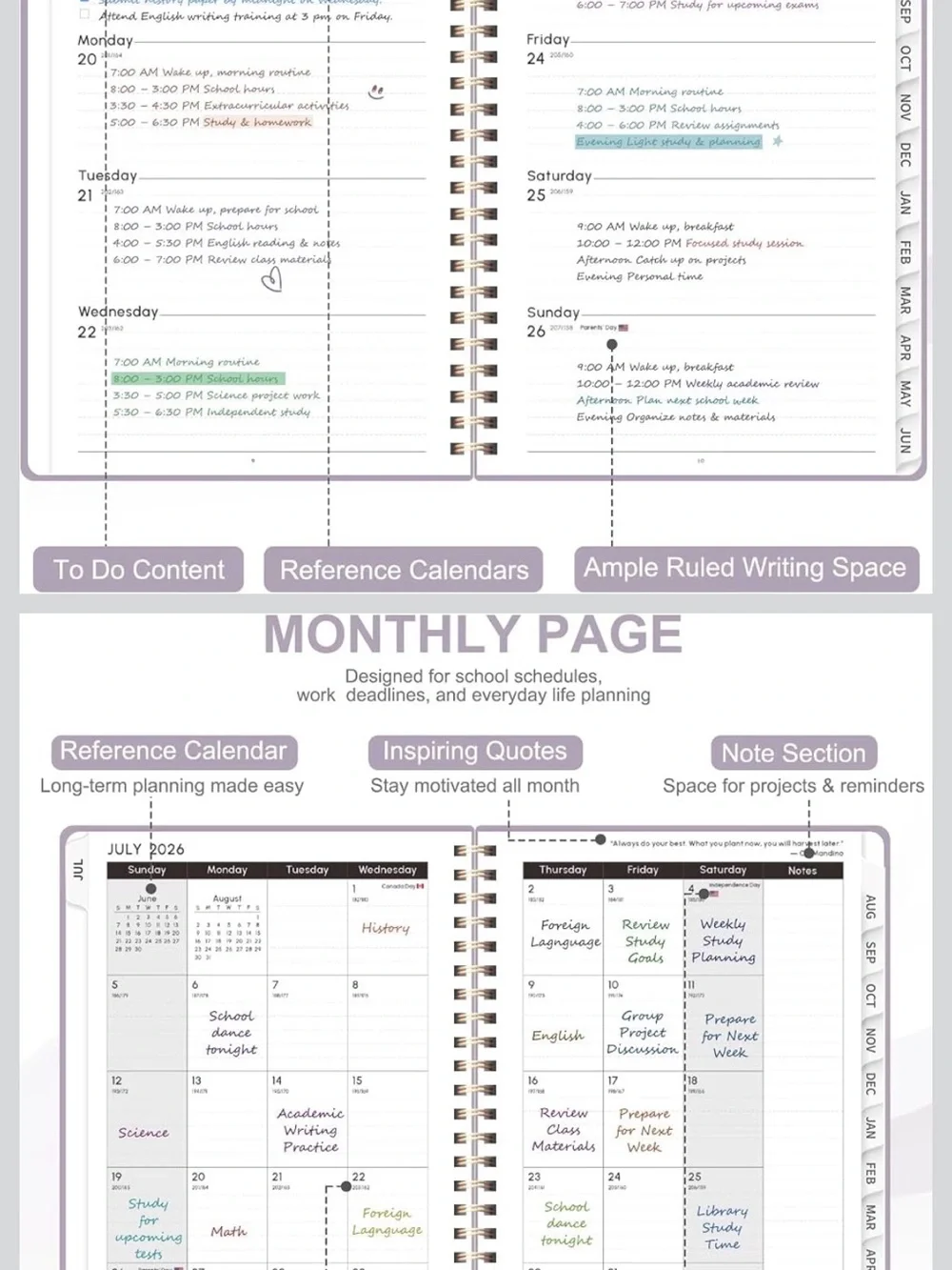 2026-27 Academic Planner Spiral Notebook - Lavender Weekly & Monthly Organizer